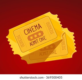 Vector illustration of two yellow cinema tickets on red background. Art design for web, site, advertising, banner, poster, flyer, brochure, board, paper print.