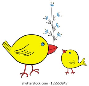 The vector illustration with two  yellow crow