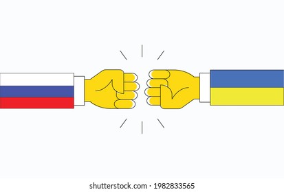 zwei Faustschläge gegeneinander mit nationalen Flaggen von Russland und der Ukraine auf Ärmel, militärischer Konflikt in der Ukraine Konzept