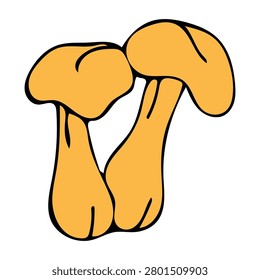 Vector illustration of two yellow mushrooms chanterelles. Stylized mushrooms with rounded caps and thick stems in bright yellow. Minimalist design on white background.