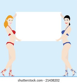 Vector illustration of two young attractive women holding a white sign. Customize with your own art or text.