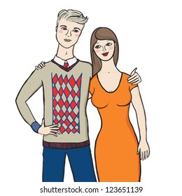 vector illustration of two young casual married people in love, man and woman hugging