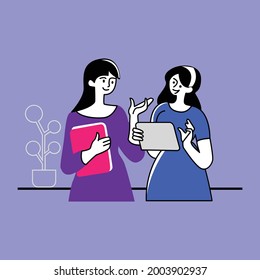 Vector illustration of two young colleagues and having a project discussion.