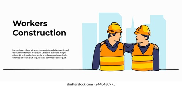 Vector illustration of two young construction workers. Modern flat in continuous line style.