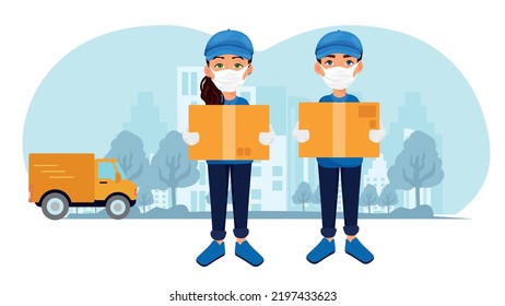 Vector illustration of two young couriers with cargo workers preparing their deliveries. Transport, courier, fast delivery system concepts.