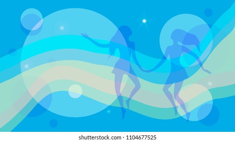 Vector illustration of two young female girlfriends. Blue space background with abstract wave wave pattern isolate.