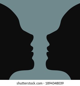 Vector illustration of two young girl black silhouette faces making a vase shape optical negative space illusion. Beautiful girl face contour