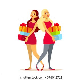 Vector illustration of two young girls with pile of gift boxes on light background. Art design for web, site, advertising, banner, poster, flyer, brochure, board, paper print.