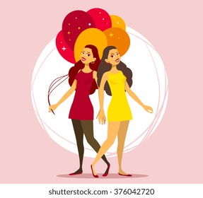Vector illustration of two young girls with bunch of balloons on pink background. Art design for web, site, advertising, banner, poster, flyer, brochure, board, paper print.