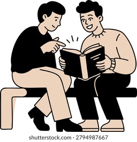 Vector illustration of two young men sitting on a bench and reading a book together, discussing something interesting in the open book.
