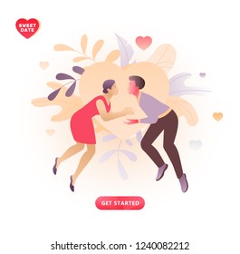 Vector Illustration Of Two Young People Meeting Each Other Over Big Beige Heart And Leaves. A Modern Concept Of Social Network Acquaintance Or Valentine Greeting.