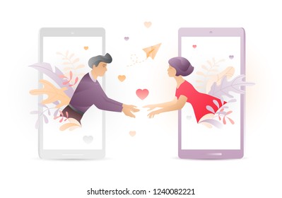 Vector illustration of two young people meeting each other through mobile phones screens. A modern concept of social network acquaintance or Valentine greeting.