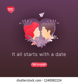 Vector illustration of two young people kissing each other. A modern concept of social network acquaintance or Valentine greeting. 