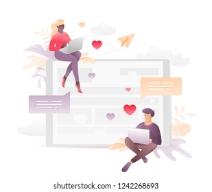Vector illustration of two young people chatting through laptops. A modern concept of social network acquaintance or virtual relationship.