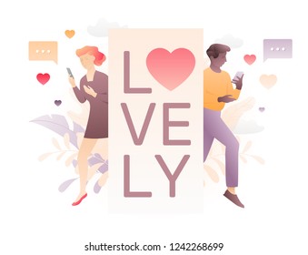 Vector illustration of two young people with mobile phones divided by banner with LOVELY word. A modern concept of social network acquaintance or Valentine greeting. 