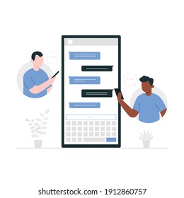 Vector illustration of two young people chatting through mobile phones. Young people are standing near by a huge smartphone and using own smartphones to sending messages. Friends chatting and texting.