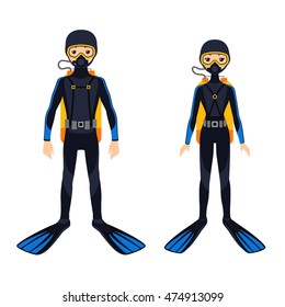 Vector illustration of two young scuba divers