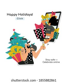 Vector illustration of two young stylish happy people celebrating Christmas and New Year together online using smartphone and mobile application. Remote winter Holidays greetings and gift exchanging.