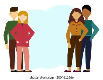 Vector illustration of two young traditional modern couples. Multinational