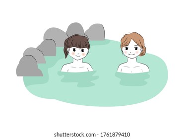 Vector illustration of two young woman taking an onsen (hot spring)