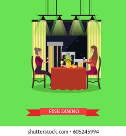 Vector illustration of two young woman having dinner at restaurant. Fine dining concept design element in flat style.