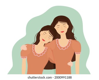 Vector illustration of two young women with the same appearance or twins hugging each other. Concept of self-care and support oneself. Isolated on a transparent background.