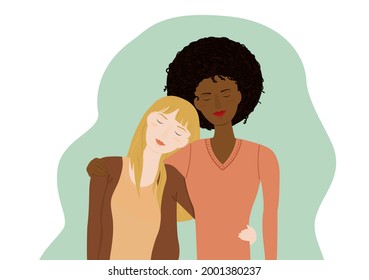 Vector illustration of two young women, white and afro amrican, hugging each other. Concept sisterhood, support and care for each other. Isolated on a transparent background.