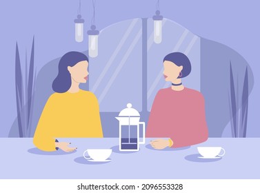 vector illustration - two young women are sitting at a table in a cafe and drinking coffee. trend illustration in flat style