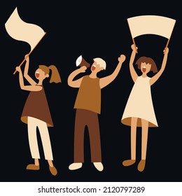 Vector illustration - two young women and a man stand with posters and a megaphone and protest against a dark background of trendy colors. Concept demonstration