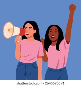 Ilustração vetorial, duas jovens com megafone na demonstração. Um fala, o outro ergue o punho em solidariedade. Dia da Mulher. Mulheres protestam. Feminismo. Igualdade de gênero e empoderamento das mulheres