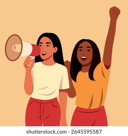 Ilustração vetorial, duas jovens com megafone na demonstração. Um fala, o outro ergue o punho em solidariedade. Mulheres protestam. Dia da Mulher. Feminismo. Igualdade de gênero e empoderamento das mulheres