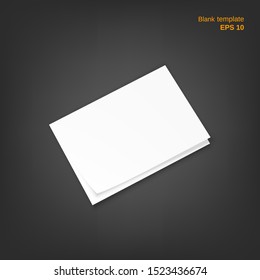 Vector illustration of twofold paper sheet with curved corner and shadow. Empty booklet on grey background. Blank can be used as a mock up, template and backgrounds for your own projects.