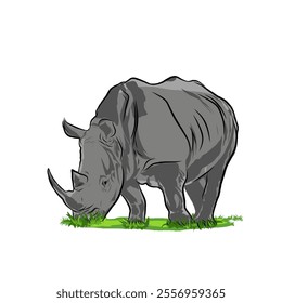 vector illustration of a two-horned rhinoceros eating grass without background