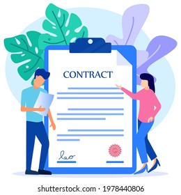 Vector illustration of two-party cooperation business agreement. Work solution agreement document with signature after meeting as trust and success.