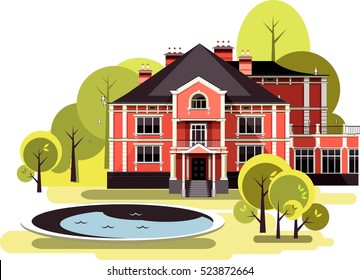 vector illustration of a two-storey country mansion with a garden around it landscaped, garden, trees and bushes in the sky