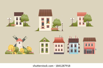 Vector Illustration Of A Two-storey House With A Small Courtyard Trees Bench With A Lantern In Retro Style On A Plain Background