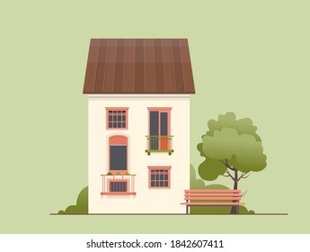 vector illustration of a two-storey house with a small courtyard trees bench with a lantern in retro style on a plain background