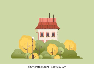 vector illustration of a two-storey house with a small courtyard trees bench with a lantern in retro style on a plain background