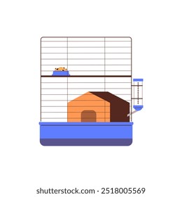 Ilustração vetorial de uma gaiola de dois andares. A gaiola azul inclui uma casa, uma tigela com comida e uma garrafa suspensa com água em um fundo isolado. Estilo de desenho animado plano.