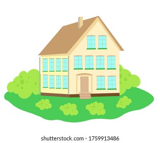 Ilustración vectorial de una casa de dos plantas en un jardín verde