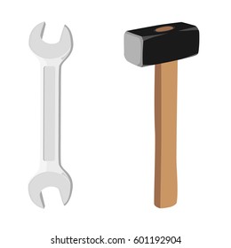  Vector illustration of two-way wrench and sledge hammer. Spanner or wrench icon. Key.