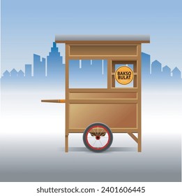 Vector illustration, a two-wheeled meatball cart, booth or typical Indonesian food stall is usually pushed or pulled by the seller around the neighborhood to sell his meatball wares.