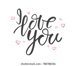 Vector illustration: Type lettering of I Love You with hand drawn hearts on white background