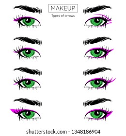 Vector illustration with types of arrows in the eyes.. Makeup. Beauty saloon.