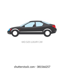 Vector illustration of types of cars: Mid-size luxury. Variants of car body. Black color.