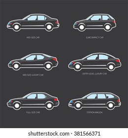 Vector illustration of types of cars: Mid-size, Subcompact, Mid-size luxury, Entry-level luxury, Full-size, Station wagon. Variants of car body. Black color.