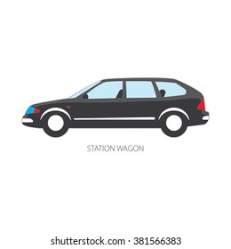 Vector illustration of types of cars: Station wagon. Variants of car body. Black color.