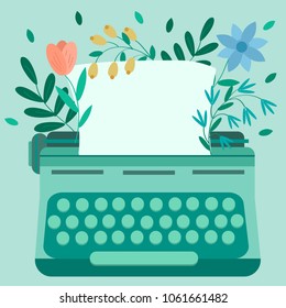 vector Illustration of a typewriter with flowers and a sheet of paper on a turquoise background