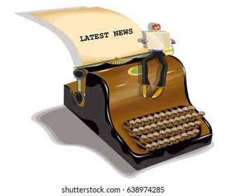 vector illustration with a typewriter and a man with a newspaper 