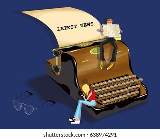 vector illustration with a typewriter and people reading the news 